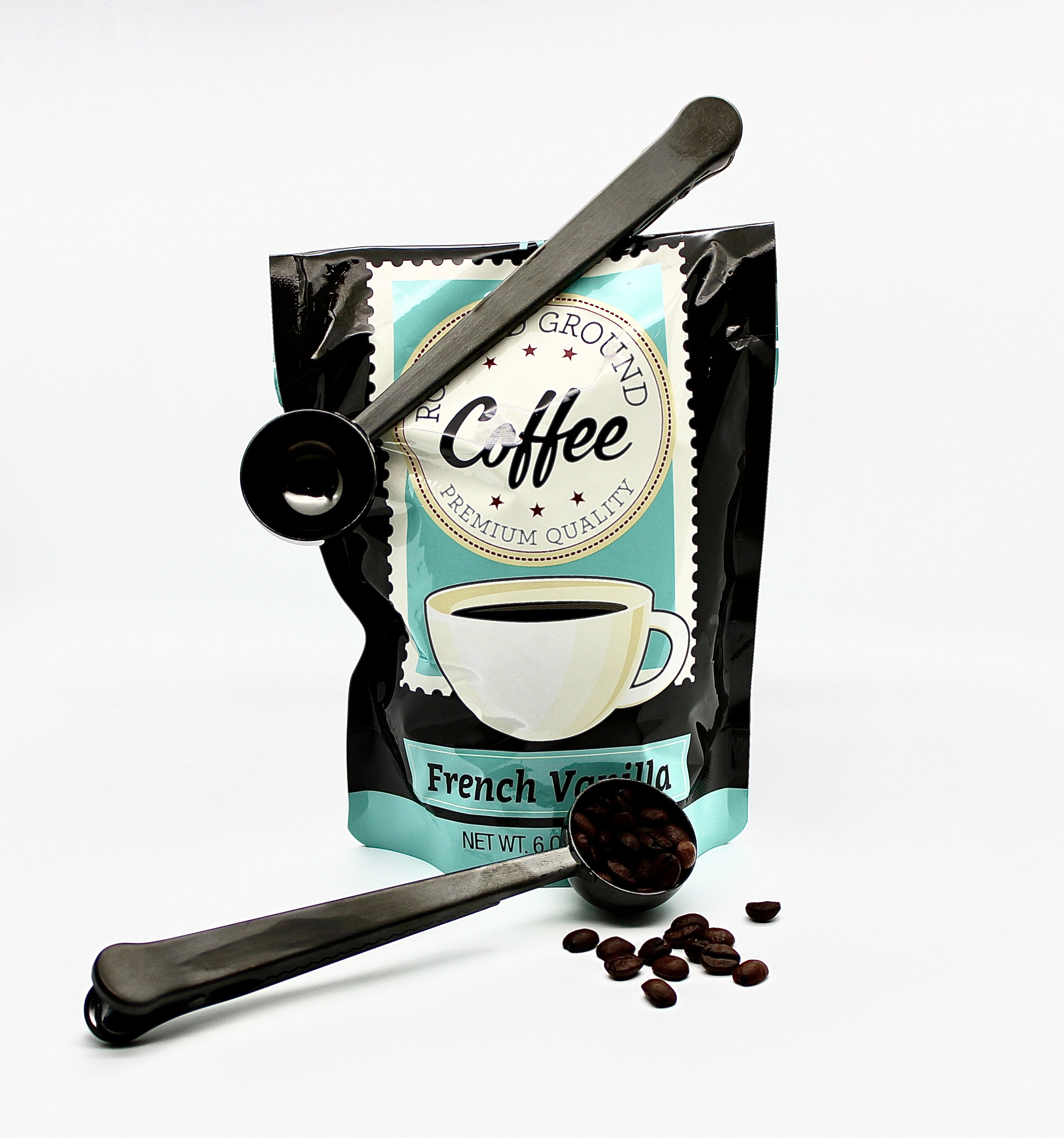 Black finished coffee measuring scoop with bag clip (set of 2)