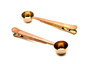 Rose Gold finished coffee measuring scoop with bag clip (set of 2)