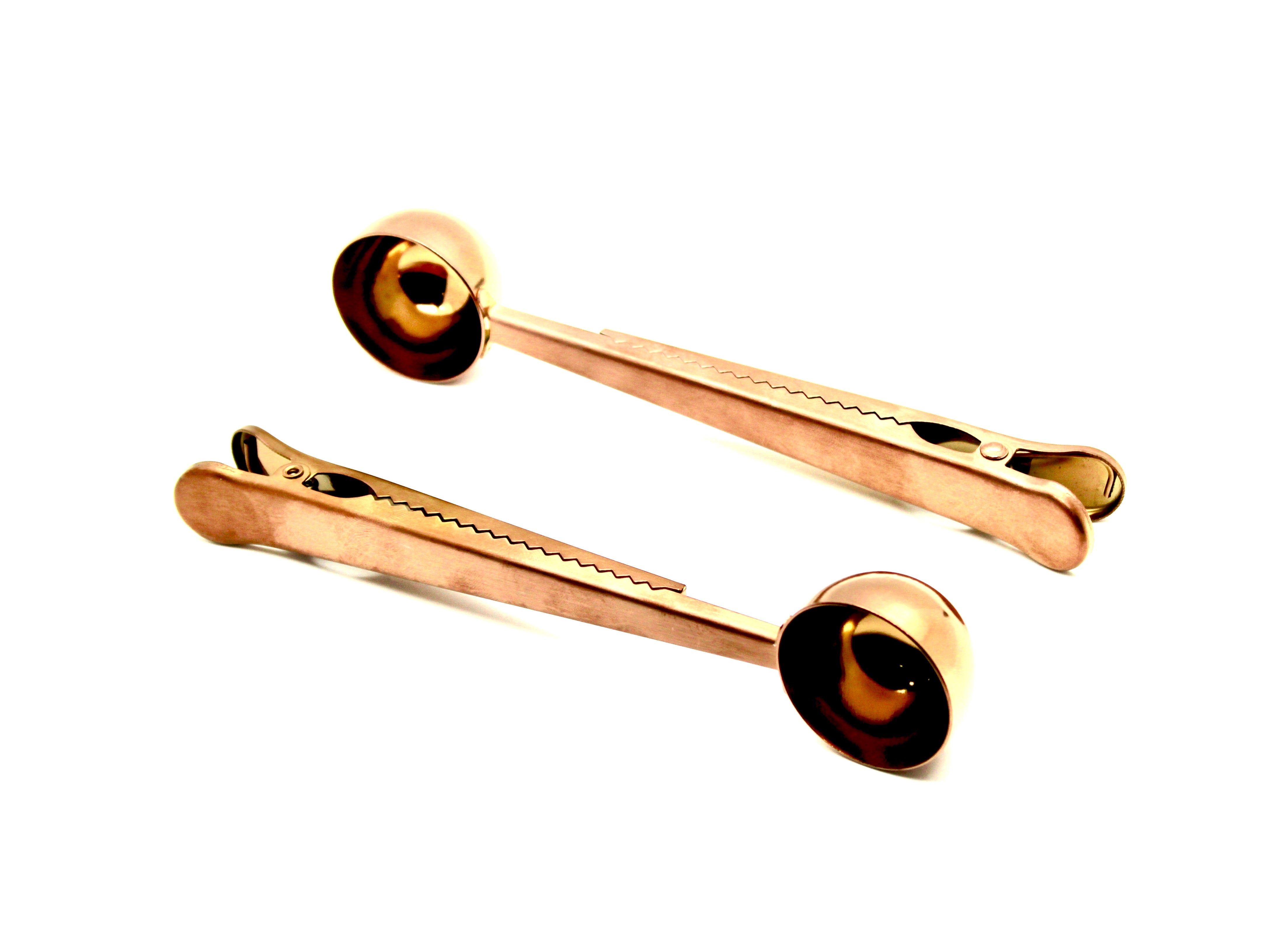 Rose Gold finished coffee measuring scoop with bag clip (set of 2)